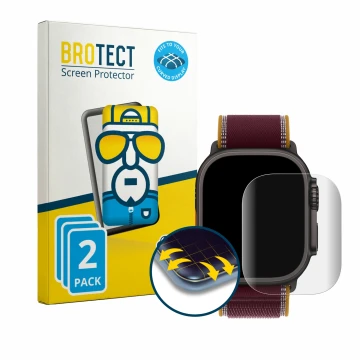 Vorderseite einer Produktverpackung mit dem Markenlogo BROTECT. Daneben ist das Gerät Apple Watch Ultra 4 (49 mm) mit dem zuge
