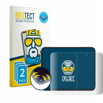 Vorderseite einer Produktverpackung mit dem Markenlogo BROTECT. Daneben ist das Gerät Apple iPhone Duo (Inneres Display) mit d