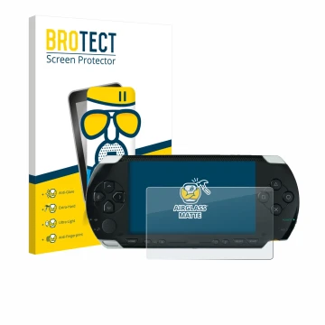 Vorderseite einer Produktverpackung mit dem Markenlogo BROTECT. Daneben ist das Gerät Sony PSP 1000 mit dem zugehörigen Displa