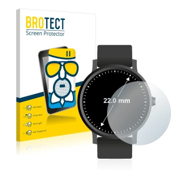 Vorderseite einer Produktverpackung mit dem Markenlogo BROTECT. Daneben ist das Gerät Armbanduhren (Kreisrund, ø: 22 mm) mit d