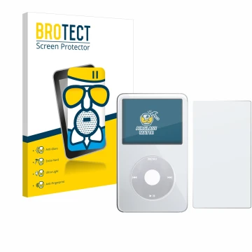 Vorderseite einer Produktverpackung mit dem Markenlogo BROTECT. Daneben ist das Gerät Apple iPod Classic Video (Display+Rückse