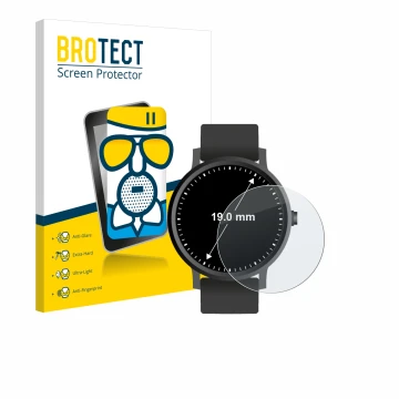 Vorderseite einer Produktverpackung mit dem Markenlogo BROTECT. Daneben ist das Gerät Armbanduhren (Kreisrund, ø: 19 mm) mit d