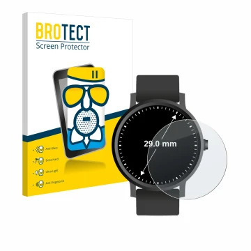 Vorderseite einer Produktverpackung mit dem Markenlogo BROTECT. Daneben ist das Gerät Armbanduhren (Kreisrund, ø: 29 mm) mit d