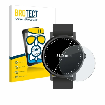 Vorderseite einer Produktverpackung mit dem Markenlogo BROTECT. Daneben ist das Gerät Armbanduhren (Kreisrund, ø: 31 mm) mit d