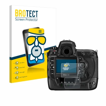Vorderseite einer Produktverpackung mit dem Markenlogo BROTECT. Daneben ist das Gerät Nikon D3 mit dem zugehörigen Displayschu