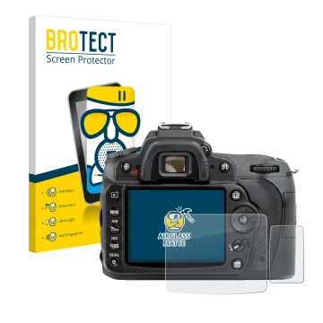 Vorderseite einer Produktverpackung mit dem Markenlogo BROTECT. Daneben ist das Gerät Nikon D90 mit dem zugehörigen Displaysch