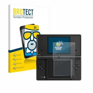 Vorderseite einer Produktverpackung mit dem Markenlogo BROTECT. Daneben ist das Gerät Nintendo DSi mit dem zugehörigen Display