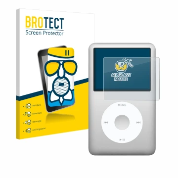 Vorderseite einer Produktverpackung mit dem Markenlogo BROTECT. Daneben ist das Gerät Apple iPod classic 160 GB (7. Gen.) mit 