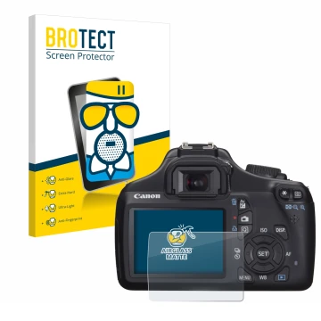 Vorderseite einer Produktverpackung mit dem Markenlogo BROTECT. Daneben ist das Gerät Canon EOS 1100D mit dem zugehörigen Disp