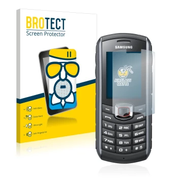 Vorderseite einer Produktverpackung mit dem Markenlogo BROTECT. Daneben ist das Gerät Samsung GT-B2710 mit dem zugehörigen Dis