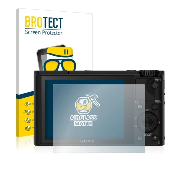 Vorderseite einer Produktverpackung mit dem Markenlogo BROTECT. Daneben ist das Gerät Sony Cyber-Shot DSC-RX100 mit dem zugehö
