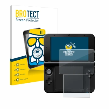 Vorderseite einer Produktverpackung mit dem Markenlogo BROTECT. Daneben ist das Gerät Nintendo 3DS XL SPM7800 mit dem zugehöri