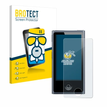 Vorderseite einer Produktverpackung mit dem Markenlogo BROTECT. Daneben ist das Gerät Apple iPod nano 2012 (7. Gen.) mit dem z