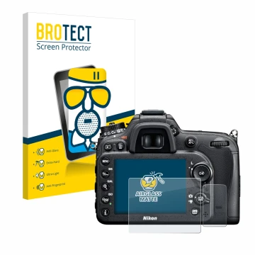 Vorderseite einer Produktverpackung mit dem Markenlogo BROTECT. Daneben ist das Gerät Nikon D7100 mit dem zugehörigen Displays