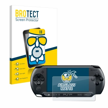 Vorderseite einer Produktverpackung mit dem Markenlogo BROTECT. Daneben ist das Gerät Sony PSP 1004 mit dem zugehörigen Displa