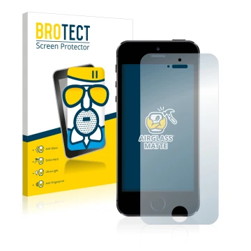 Vorderseite einer Produktverpackung mit dem Markenlogo BROTECT. Daneben ist das Gerät Apple iPhone 5S mit dem zugehörigen Disp