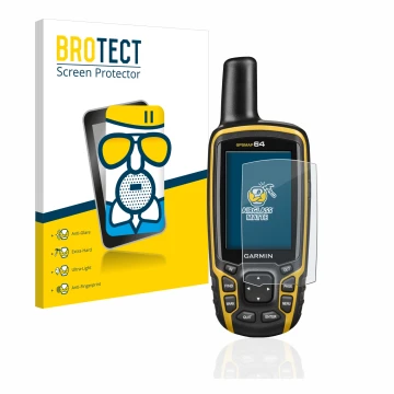 Vorderseite einer Produktverpackung mit dem Markenlogo BROTECT. Daneben ist das Gerät Garmin GPSMAP 64 mit dem zugehörigen Dis