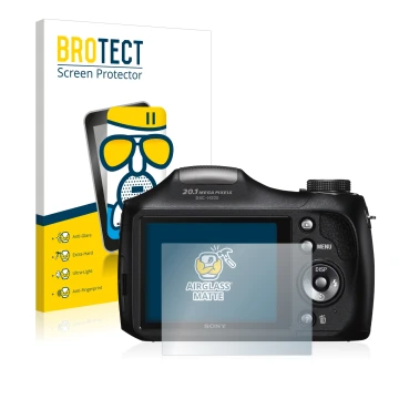 Vorderseite einer Produktverpackung mit dem Markenlogo BROTECT. Daneben ist das Gerät Sony Cyber-Shot DSC-H300 mit dem zugehör