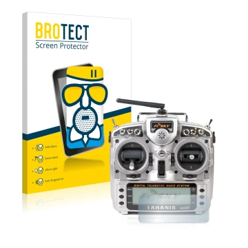 Vorderseite einer Produktverpackung mit dem Markenlogo BROTECT. Daneben ist das Gerät FrSky Taranis X9D mit dem zugehörigen Di