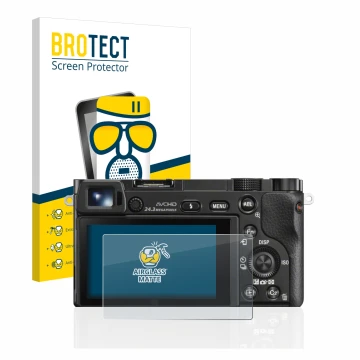 Vorderseite einer Produktverpackung mit dem Markenlogo BROTECT. Daneben ist das Gerät Sony Alpha 6000 mit dem zugehörigen Disp