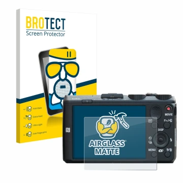 Vorderseite einer Produktverpackung mit dem Markenlogo BROTECT. Daneben ist das Gerät Sony Cyber-Shot DSC-HX60 mit dem zugehör