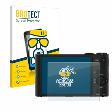Vorderseite einer Produktverpackung mit dem Markenlogo BROTECT. Daneben ist das Gerät Sony Cyber-Shot DSC-WX350 mit dem zugehö