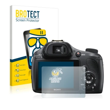 Vorderseite einer Produktverpackung mit dem Markenlogo BROTECT. Daneben ist das Gerät Sony Cyber-Shot DSC-HX400V mit dem zugeh