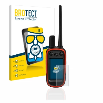 Vorderseite einer Produktverpackung mit dem Markenlogo BROTECT. Daneben ist das Gerät Garmin Alpha 100 mit dem zugehörigen Dis