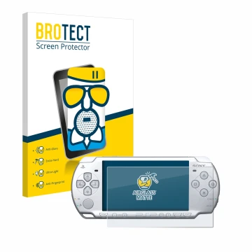 Vorderseite einer Produktverpackung mit dem Markenlogo BROTECT. Daneben ist das Gerät Sony PSP 2004 mit dem zugehörigen Displa