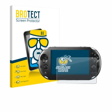 Vorderseite einer Produktverpackung mit dem Markenlogo BROTECT. Daneben ist das Gerät Sony Playstation PS Vita Slim mit dem zu