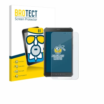 Vorderseite einer Produktverpackung mit dem Markenlogo BROTECT. Daneben ist das Gerät Samsung Galaxy Tab Active SM-T365 mit de