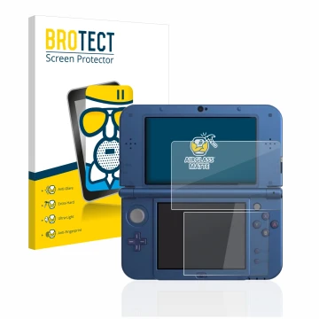 Vorderseite einer Produktverpackung mit dem Markenlogo BROTECT. Daneben ist das Gerät Nintendo New 3DS XL mit dem zugehörigen 