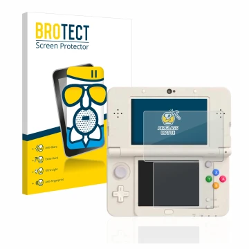 Vorderseite einer Produktverpackung mit dem Markenlogo BROTECT. Daneben ist das Gerät Nintendo New 3DS mit dem zugehörigen Dis