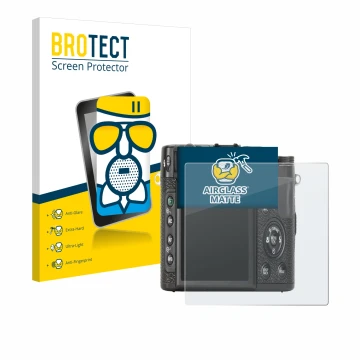 Vorderseite einer Produktverpackung mit dem Markenlogo BROTECT. Daneben ist das Gerät Fujifilm X10 mit dem zugehörigen Display