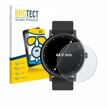 Vorderseite einer Produktverpackung mit dem Markenlogo BROTECT. Daneben ist das Gerät Armbanduhren (Kreisrund, ø: 44 mm) mit d