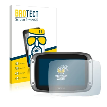 Vorderseite einer Produktverpackung mit dem Markenlogo BROTECT. Daneben ist das Gerät TomTom Rider 400 mit dem zugehörigen Dis