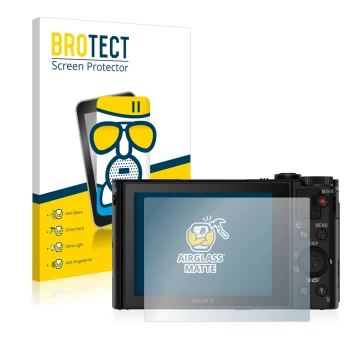 Vorderseite einer Produktverpackung mit dem Markenlogo BROTECT. Daneben ist das Gerät Sony Cyber-Shot DSC-HX90V mit dem zugehö