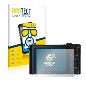 Vorderseite einer Produktverpackung mit dem Markenlogo BROTECT. Daneben ist das Gerät Sony Cyber-Shot DSC-WX500 mit dem zugehö