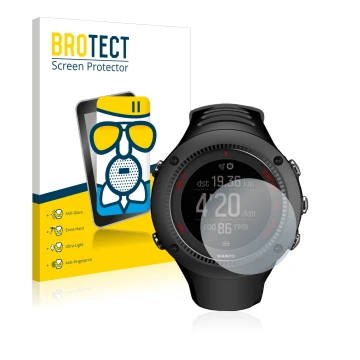 Vorderseite einer Produktverpackung mit dem Markenlogo BROTECT. Daneben ist das Gerät Suunto Ambit3 Run Black mit dem zugehöri