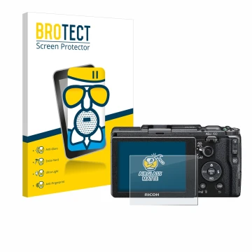 Vorderseite einer Produktverpackung mit dem Markenlogo BROTECT. Daneben ist das Gerät Ricoh GR II 2015 mit dem zugehörigen Dis