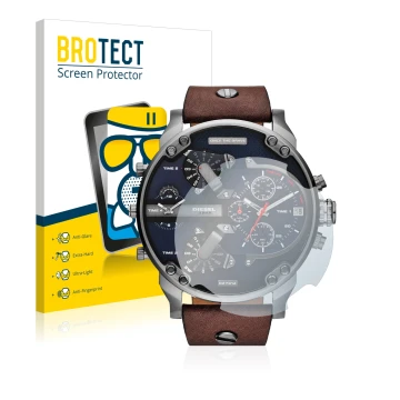 Vorderseite einer Produktverpackung mit dem Markenlogo BROTECT. Daneben ist das Gerät Diesel DZ7314 Mr. Daddy mit dem zugehöri