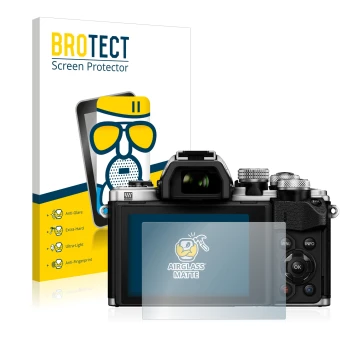 Vorderseite einer Produktverpackung mit dem Markenlogo BROTECT. Daneben ist das Gerät Olympus OM-D E-M10 Mark II mit dem zugeh