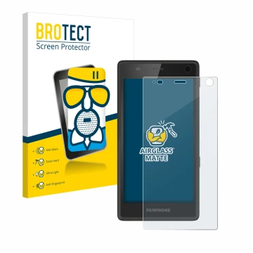 Vorderseite einer Produktverpackung mit dem Markenlogo BROTECT. Daneben ist das Gerät Fairphone 2 mit dem zugehörigen Displays