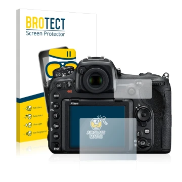Vorderseite einer Produktverpackung mit dem Markenlogo BROTECT. Daneben ist das Gerät Nikon D500 mit dem zugehörigen Displaysc