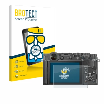 Vorderseite einer Produktverpackung mit dem Markenlogo BROTECT. Daneben ist das Gerät Olympus PEN-F mit dem zugehörigen Displa