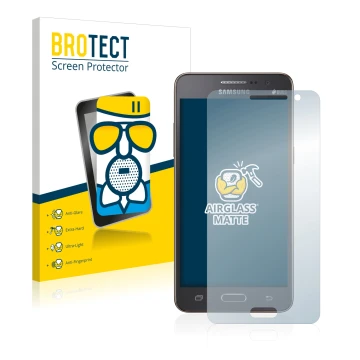Vorderseite einer Produktverpackung mit dem Markenlogo BROTECT. Daneben ist das Gerät Samsung Galaxy Grand Prime SM-G531F mit 