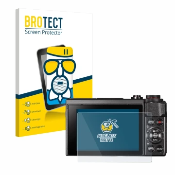 Vorderseite einer Produktverpackung mit dem Markenlogo BROTECT. Daneben ist das Gerät Canon PowerShot G7 X Mark II mit dem zug