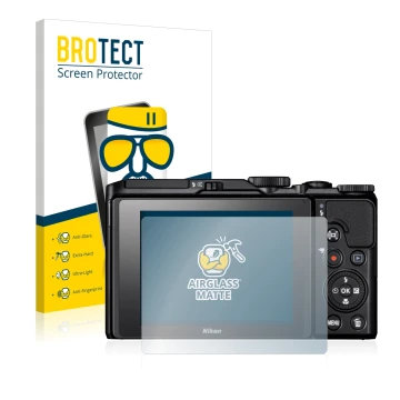 Vorderseite einer Produktverpackung mit dem Markenlogo BROTECT. Daneben ist das Gerät Nikon Coolpix A900 mit dem zugehörigen D