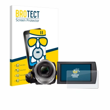 Vorderseite einer Produktverpackung mit dem Markenlogo BROTECT. Daneben ist das Gerät Sony FDR-AX53 mit dem zugehörigen Displa