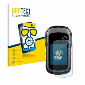 Vorderseite einer Produktverpackung mit dem Markenlogo BROTECT. Daneben ist das Gerät Garmin eTrex 30x mit dem zugehörigen Dis